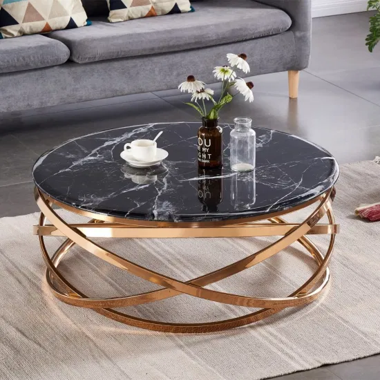 까만 대리석 유리제 현대 호화스러운 커피용 탁자 금 스테인리스 둥근 거실 테이블