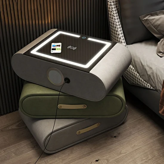 Nova 다기능 스마트 회전 침대 옆 테이블 현대 호텔 침실 가구 린넨 패브릭 마감 충전 스테이션이 있는 스마트 나이트 스탠드